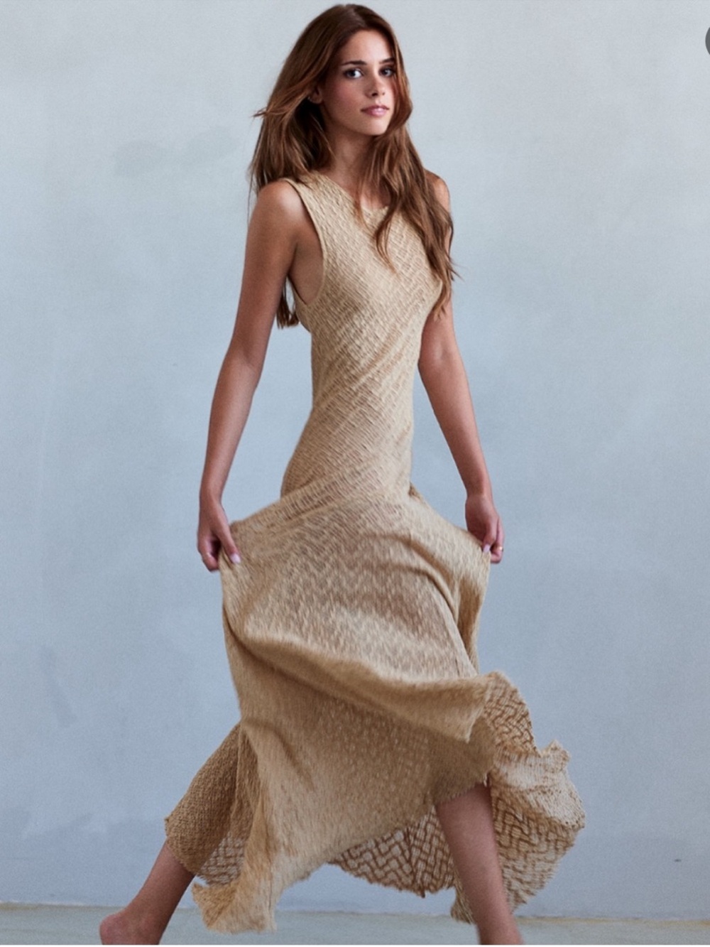 Zara NWT light tan textured Sleeveless Maxi Dress - summer knit semi sheer - Picture 6 of 10